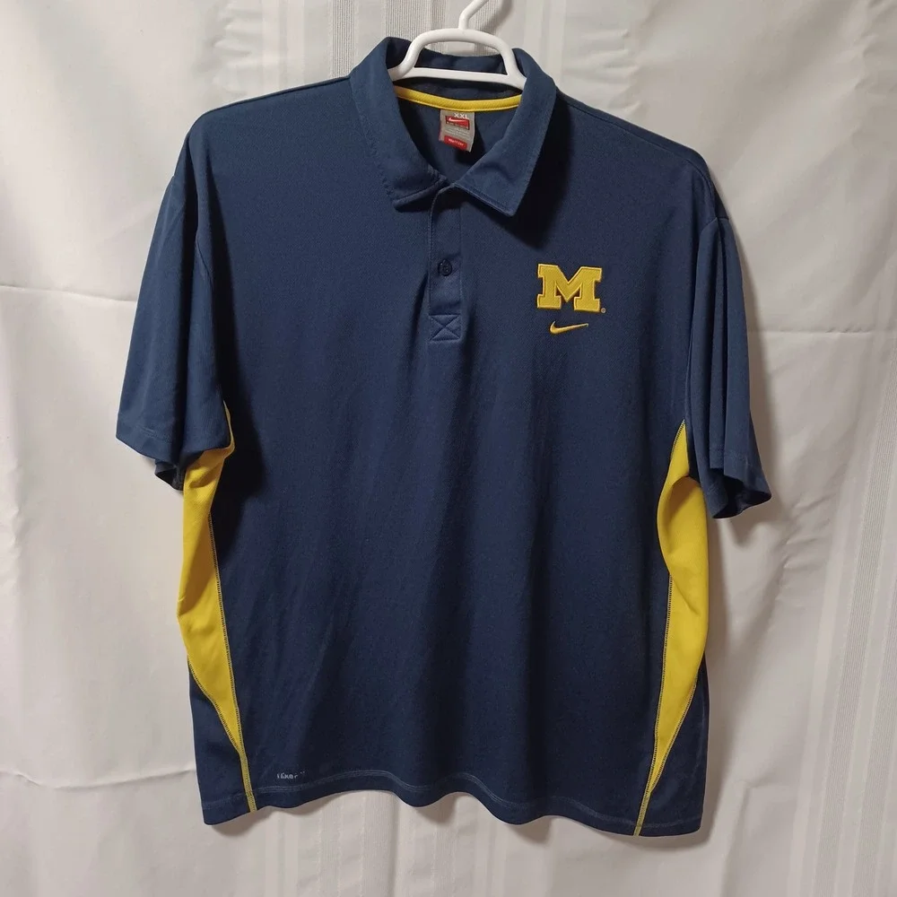 Nike Polo Shirt Mens XXL Navy Michigan Wolverines FIT DRY Short‎ Sleeve Athletic